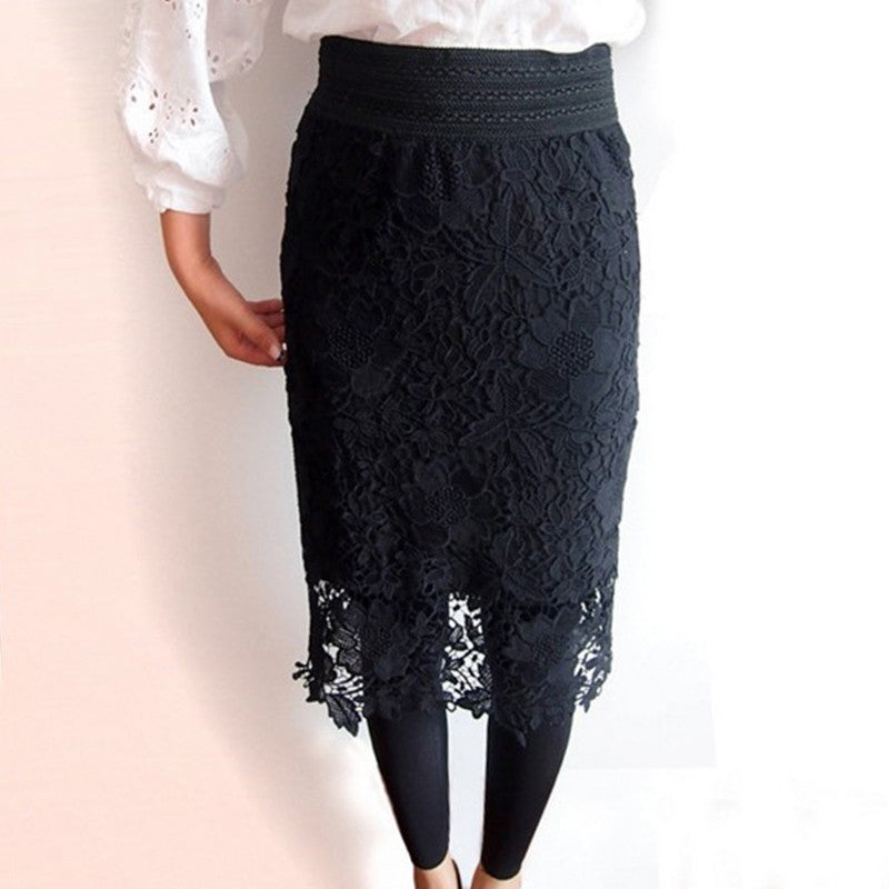 Black White Lace Skirts Womens High Waist Midi Skirt Wide Band Elastic Waist Pencil Skirt Lace Crochet Sexy Skirt Saia