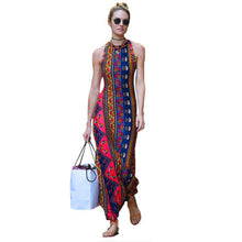 Halter Backless Long Maxi Boho Dress Sleeveless Ethnic Print Dress Women Slim Off Shoulder Beach Dress