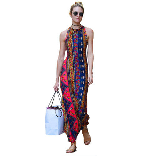 Halter Backless Long Maxi Boho Dress Sleeveless Ethnic Print Dress Women Slim Off Shoulder Beach Dress