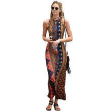 Halter Backless Long Maxi Boho Dress Sleeveless Ethnic Print Dress Women Slim Off Shoulder Beach Dress