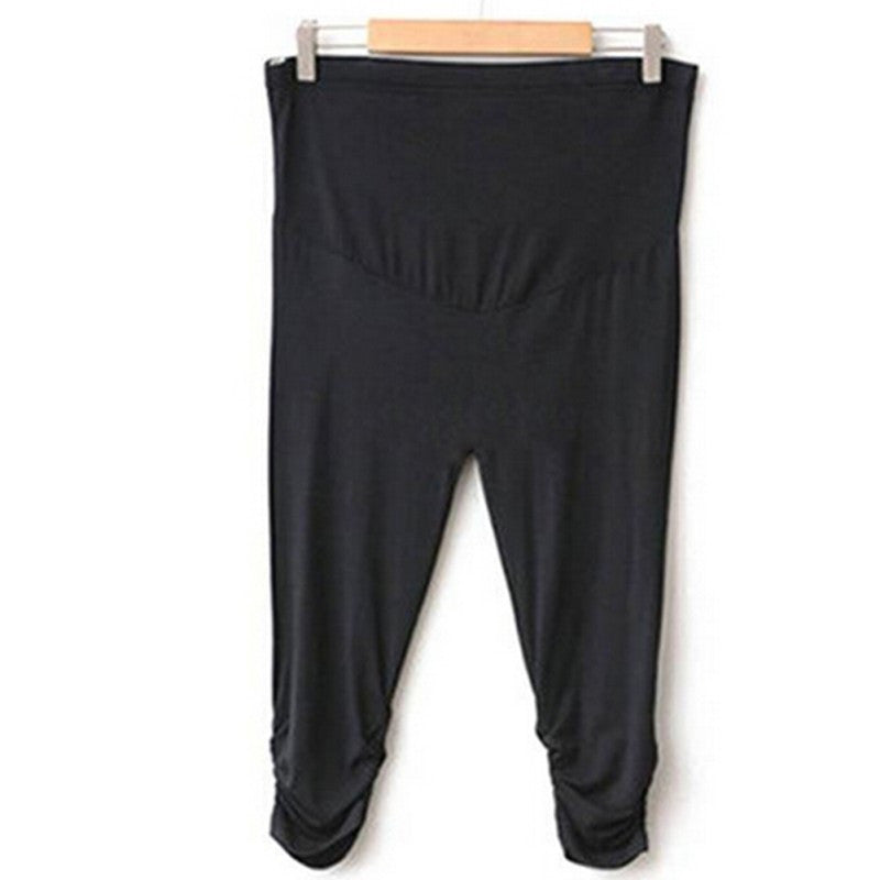 Pregnant Women Elastic Capris Pants Solid Pleated Cotton Maternity Clothes Leggings