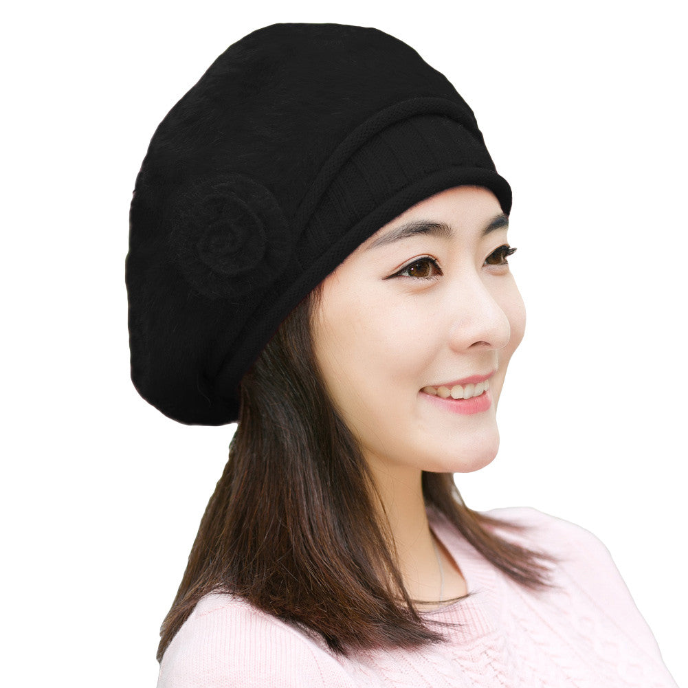 New Design Women Faux Rabbit Fur Beanie With Flower Crochet Warm And Cute Princess Rabbit Hat Knitted Beret Warm Cap