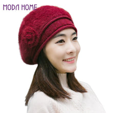 New Design Women Faux Rabbit Fur Beanie With Flower Crochet Warm And Cute Princess Rabbit Hat Knitted Beret Warm Cap