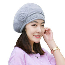 New Design Women Faux Rabbit Fur Beanie With Flower Crochet Warm And Cute Princess Rabbit Hat Knitted Beret Warm Cap