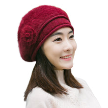New Design Women Faux Rabbit Fur Beanie With Flower Crochet Warm And Cute Princess Rabbit Hat Knitted Beret Warm Cap