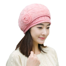New Design Women Faux Rabbit Fur Beanie With Flower Crochet Warm And Cute Princess Rabbit Hat Knitted Beret Warm Cap