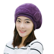 New Design Women Faux Rabbit Fur Beanie With Flower Crochet Warm And Cute Princess Rabbit Hat Knitted Beret Warm Cap