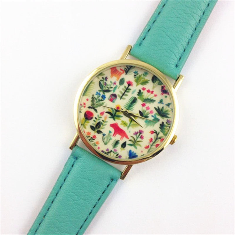 Fashion Design Women's Analog Quartz Wrist Watch Leather Animal Floral Printed Ladies Dress Watches