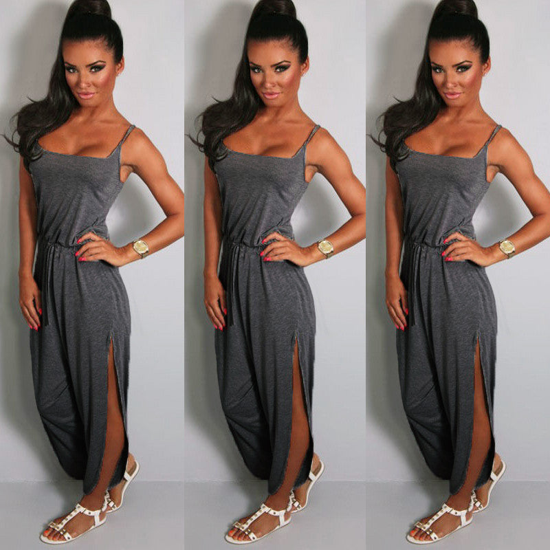 Jumpsuit Women Rompers Spaghetti Strap Drawstring Waist Side Split Solid Playsuit Overalls Light Grey/Grey