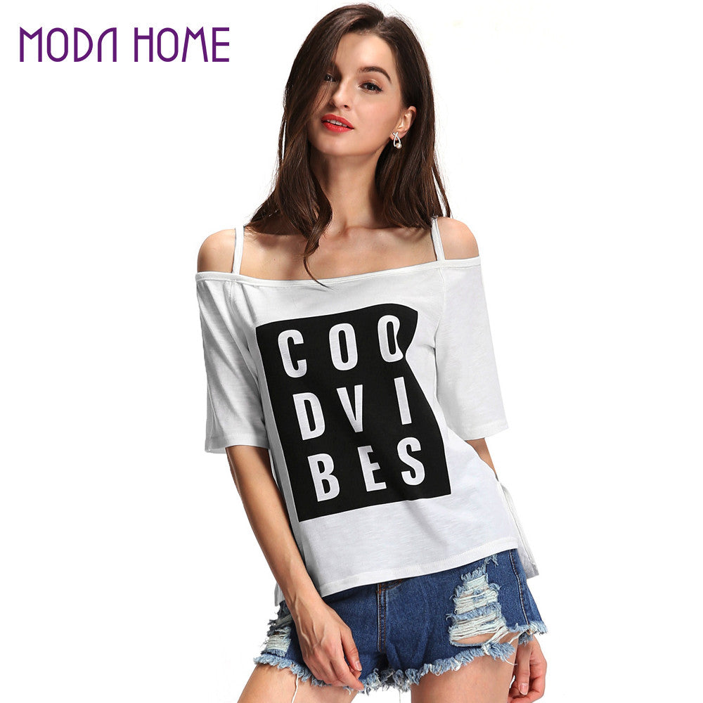 Letter Print Tshirt Women Slash Neck Stripes Tee Shirt Short Sleeves Asymmetric Hem T-shirt Casual Women Tops White