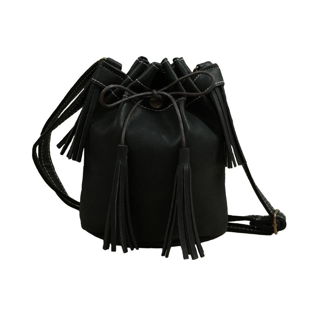 New Fashion PU Leather Women Shoulder Bag Mini Drawstring Tassels Button Bucket Bag Adjustable Vintage Casual Crossbody Bag
