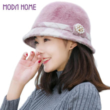 New Fashion Women Fedora Hat Faux Rabbit Fur Bucket Top Hat Pearl Diamond Contrast Derby Hat Felt Hats Warm Cap Headwear