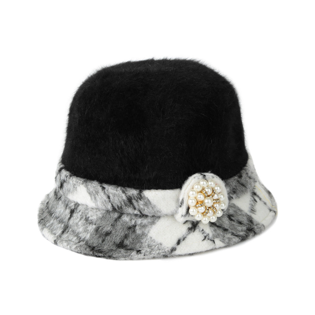 New Fashion Women Fedora Hat Faux Rabbit Fur Bucket Top Hat Pearl Diamond Contrast Derby Hat Felt Hats Warm Cap Headwear