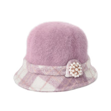 New Fashion Women Fedora Hat Faux Rabbit Fur Bucket Top Hat Pearl Diamond Contrast Derby Hat Felt Hats Warm Cap Headwear