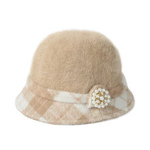 New Fashion Women Fedora Hat Faux Rabbit Fur Bucket Top Hat Pearl Diamond Contrast Derby Hat Felt Hats Warm Cap Headwear