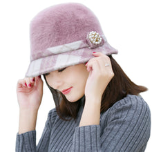 New Fashion Women Fedora Hat Faux Rabbit Fur Bucket Top Hat Pearl Diamond Contrast Derby Hat Felt Hats Warm Cap Headwear
