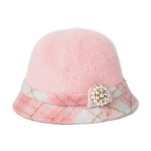 New Fashion Women Fedora Hat Faux Rabbit Fur Bucket Top Hat Pearl Diamond Contrast Derby Hat Felt Hats Warm Cap Headwear