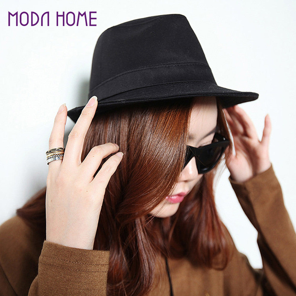 Women Men Hat Curly Floppy Brim British Jazz Hip-Hop Fedora Hat Cap Unisex Black chapeu