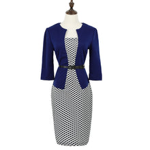 Women OL Work Pencil Dress Patchwork Bodycon Dress Elegant Short Sleeves Dress with Belt Dark Blue MIni Dress