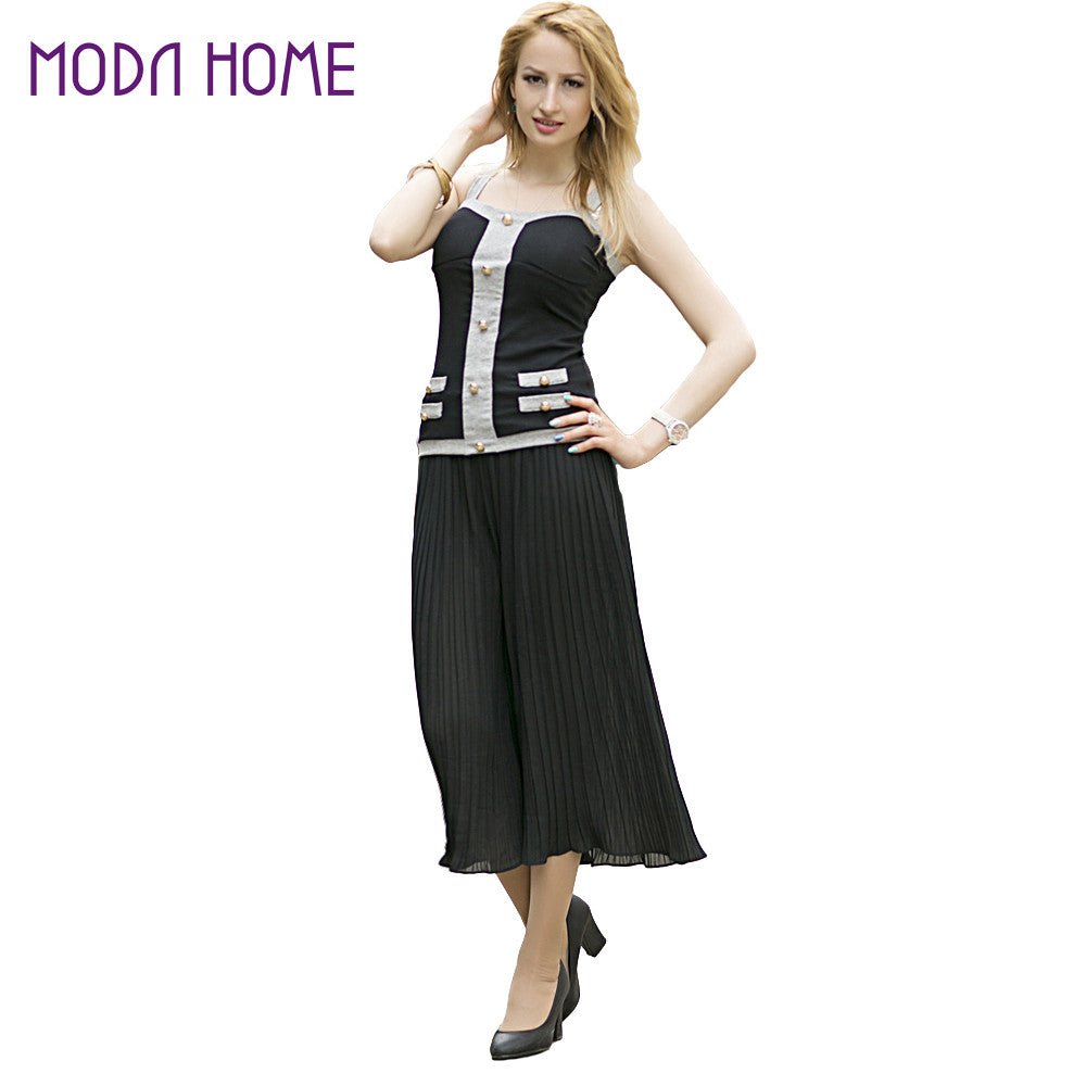 Women Wide Leg Pants Pleated Chiffon Elastic Waist Loose Capris Flare Cropped Trousers Culottes Black