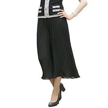 Women Wide Leg Pants Pleated Chiffon Elastic Waist Loose Capris Flare Cropped Trousers Culottes Black