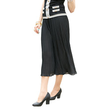 Women Wide Leg Pants Pleated Chiffon Elastic Waist Loose Capris Flare Cropped Trousers Culottes Black