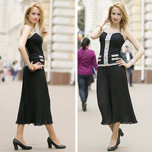 Women Wide Leg Pants Pleated Chiffon Elastic Waist Loose Capris Flare Cropped Trousers Culottes Black