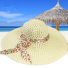 Women Sun Hat Straw Hat Wide Large Brim Beach Cap with Leopard Ribbon Orange