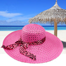 Women Sun Hat Straw Hat Wide Large Brim Beach Cap with Leopard Ribbon Orange