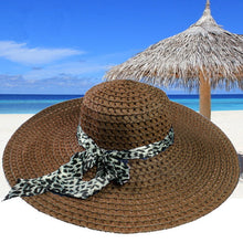 Women Sun Hat Straw Hat Wide Large Brim Beach Cap with Leopard Ribbon Orange