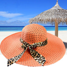 Women Sun Hat Straw Hat Wide Large Brim Beach Cap with Leopard Ribbon Orange