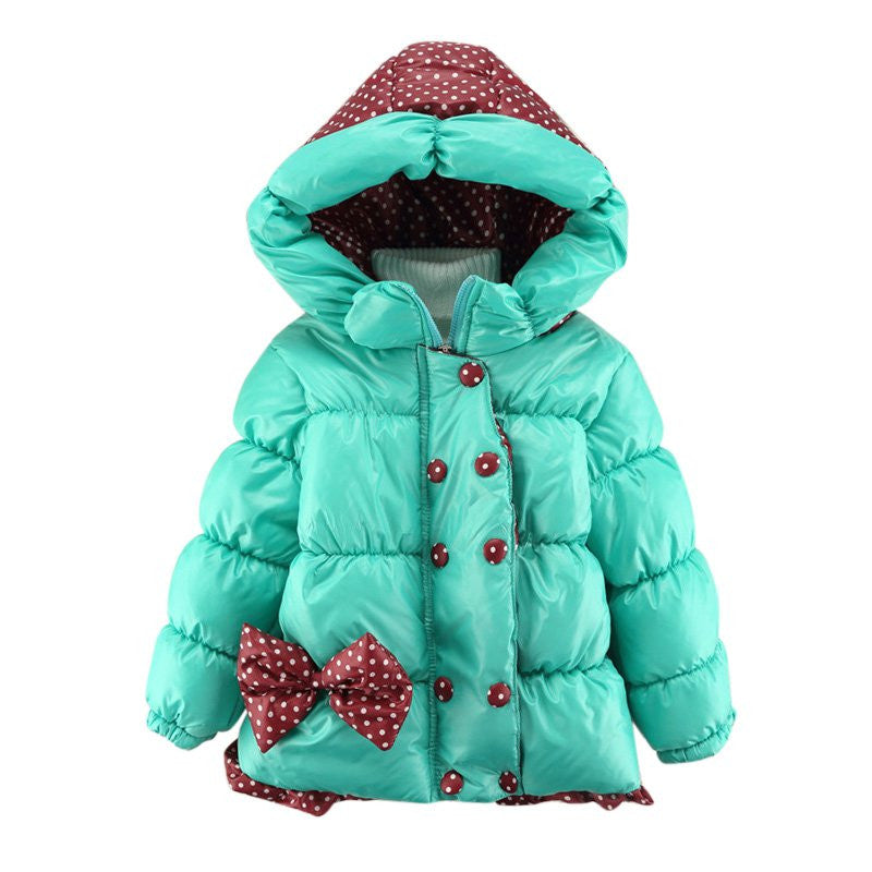 New Super Warm Baby Girl Down Coat Bebe Hooded Jacket Bowknot Long Sleeve Jackets Kids Polka Dot Outwear