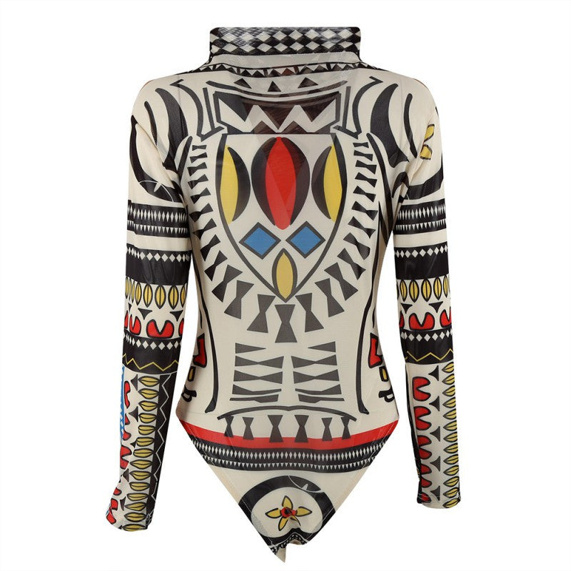 New Women Ladies Printing Slim Bodycon Long-sleeve Club Playsuits Jumpsuit Tops Transparent Bodysuits Tops