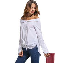 New Women Off Shoulder Blouse Fold-Over Slash Neck Blusas Slit at Cuff Self-Tie Asymmetric Hem Casual Top White Camisa Feminina