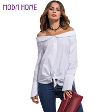 New Women Off Shoulder Blouse Fold-Over Slash Neck Blusas Slit at Cuff Self-Tie Asymmetric Hem Casual Top White Camisa Feminina