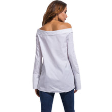New Women Off Shoulder Blouse Fold-Over Slash Neck Blusas Slit at Cuff Self-Tie Asymmetric Hem Casual Top White Camisa Feminina