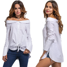 New Women Off Shoulder Blouse Fold-Over Slash Neck Blusas Slit at Cuff Self-Tie Asymmetric Hem Casual Top White Camisa Feminina