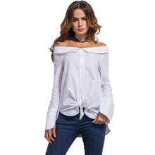 New Women Off Shoulder Blouse Fold-Over Slash Neck Blusas Slit at Cuff Self-Tie Asymmetric Hem Casual Top White Camisa Feminina