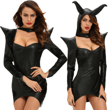 Women Sexy Halloween Witch Costume Cosplay Dark Sorceress Mini Wicca Dress Horn High Low Hem PU Leather Hooded Uniform Black