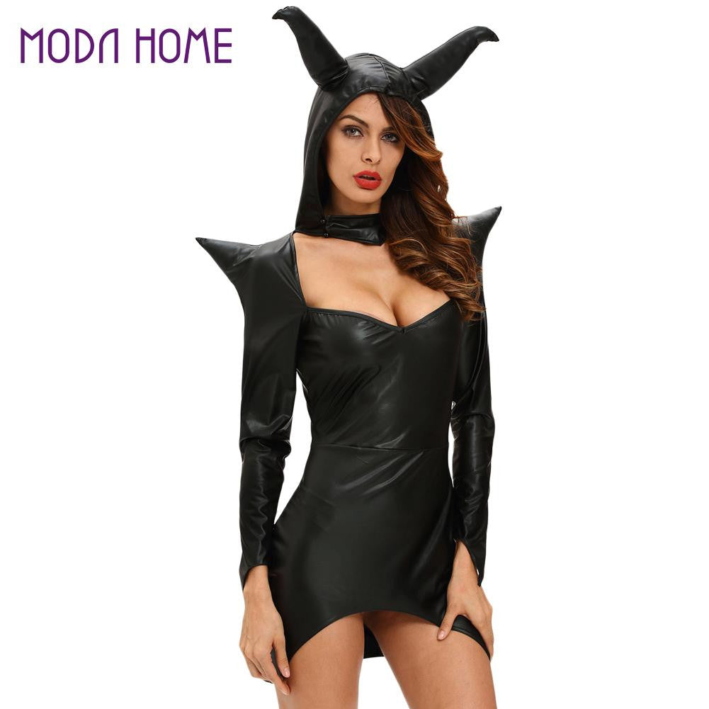 Women Sexy Halloween Witch Costume Cosplay Dark Sorceress Mini Wicca Dress Horn High Low Hem PU Leather Hooded Uniform Black