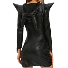 Women Sexy Halloween Witch Costume Cosplay Dark Sorceress Mini Wicca Dress Horn High Low Hem PU Leather Hooded Uniform Black