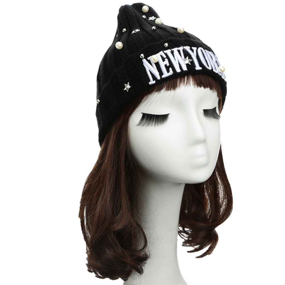 Unisex Casual Beanie for Women Men Hat Letter Embroidery Pearl Warm Hip-Hop Cool Knitted Cap Headwear