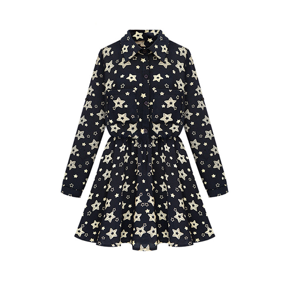 Vintage Women Stars Print Dresses vestido casual Printed Girls Long Sleeve Basic Dress Elastic Waist Vestidos