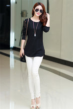 O-Neck Long Sleeve Women T-shirt Lace Hollow Out Irregular Hem Women Tops Base Tee Blusas Plus Size Black/Dark Gray