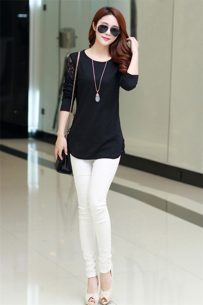 O-Neck Long Sleeve Women T-shirt Lace Hollow Out Irregular Hem Women Tops Base Tee Blusas Plus Size Black/Dark Gray