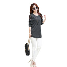 O-Neck Long Sleeve Women T-shirt Lace Hollow Out Irregular Hem Women Tops Base Tee Blusas Plus Size Black/Dark Gray