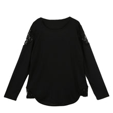O-Neck Long Sleeve Women T-shirt Lace Hollow Out Irregular Hem Women Tops Base Tee Blusas Plus Size Black/Dark Gray