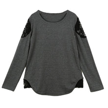 O-Neck Long Sleeve Women T-shirt Lace Hollow Out Irregular Hem Women Tops Base Tee Blusas Plus Size Black/Dark Gray