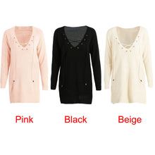 Off White Women Knitted Sweater And Pullover Drawstring Neck Jumper Split Long Sleeve Lace Up Sweater Loose Long Top Pull Femme