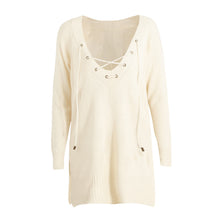 Off White Women Knitted Sweater And Pullover Drawstring Neck Jumper Split Long Sleeve Lace Up Sweater Loose Long Top Pull Femme